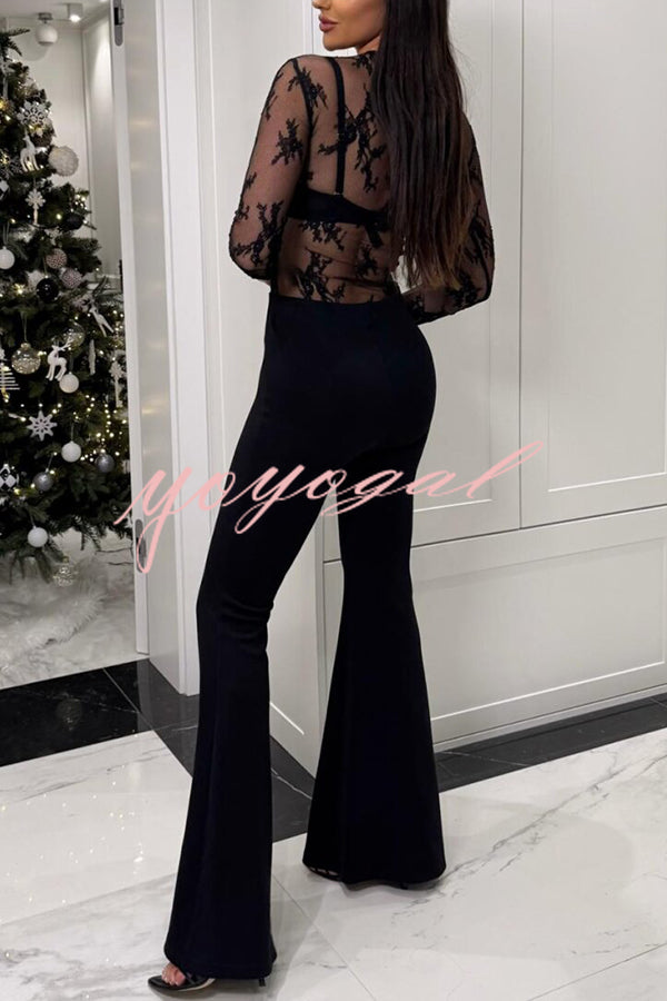 Elegant Sexy Touch Lace Mesh Long Sleeve Stretch Bodysuit