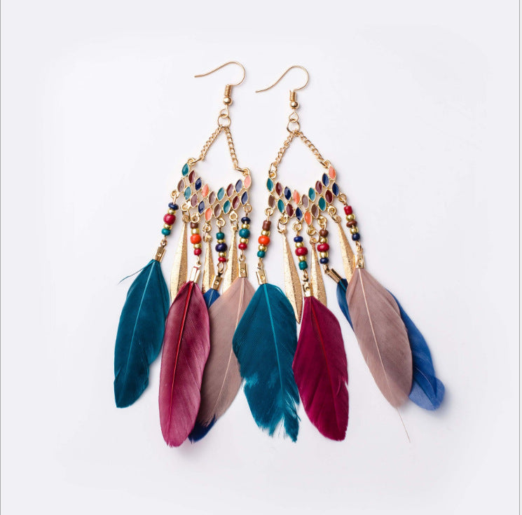 Vintage chain tassel bohemian feather earrings