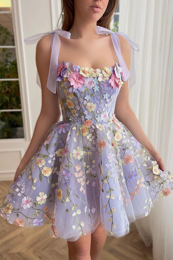 Lavender Floral Lace Up High Waisted Back Zip Mini Dress