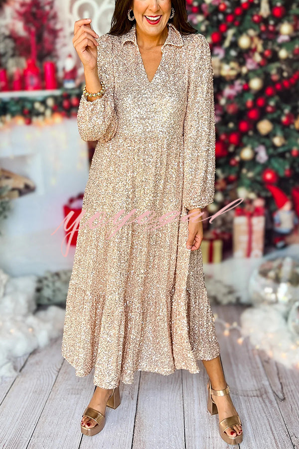 Christmas Elegant Sequin Long Sleeve V Neck Midi Dress