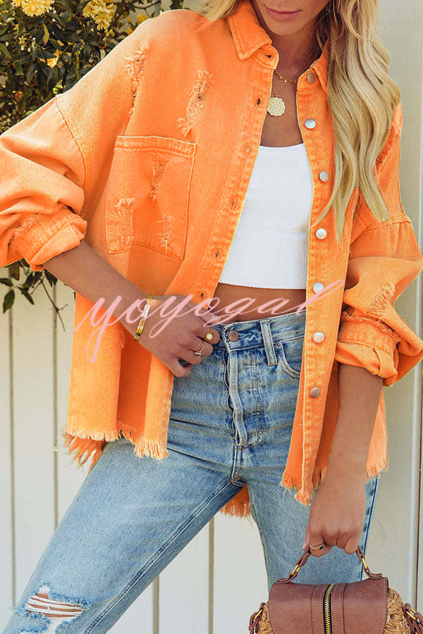 Stylish Lapel Long Sleeve Ripped Denim Jacket