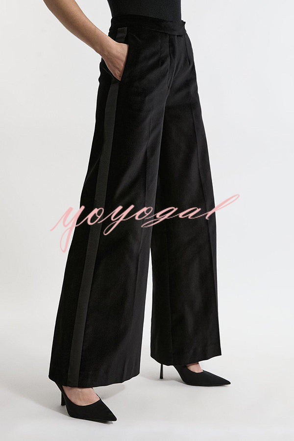 Cue The Cocktails Velvet Grosgrain Detail Pocketed Wide Leg Pants