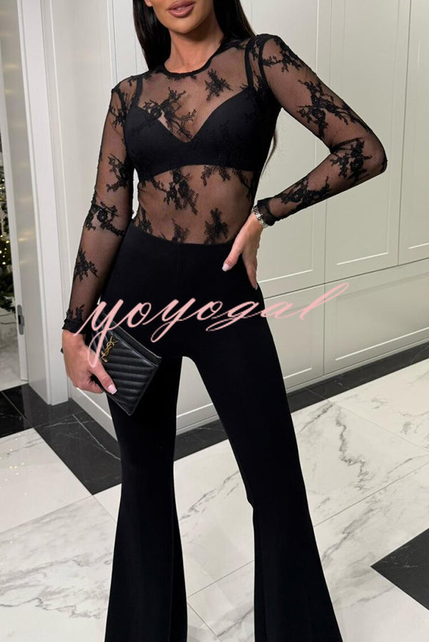 Elegant Sexy Touch Lace Mesh Long Sleeve Stretch Bodysuit