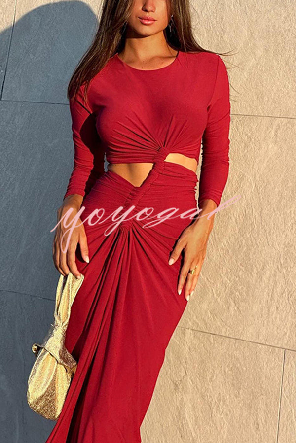 Solid Color Round Neck Long Sleeve Sexy Exposed Waist Slit Maxi Dress