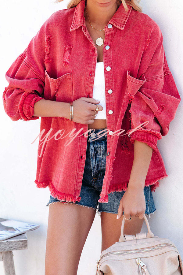 Stylish Lapel Long Sleeve Ripped Denim Jacket