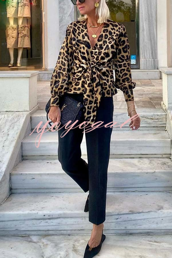 Janae Leopard Print Front Tie-up Lantern Sleeve Casual Blouse