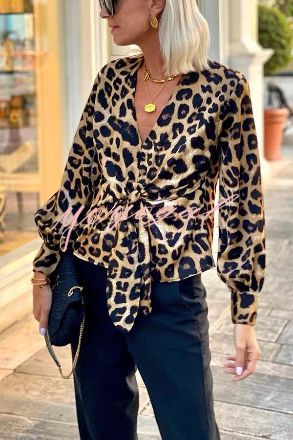 Janae Leopard Print Front Tie-up Lantern Sleeve Casual Blouse