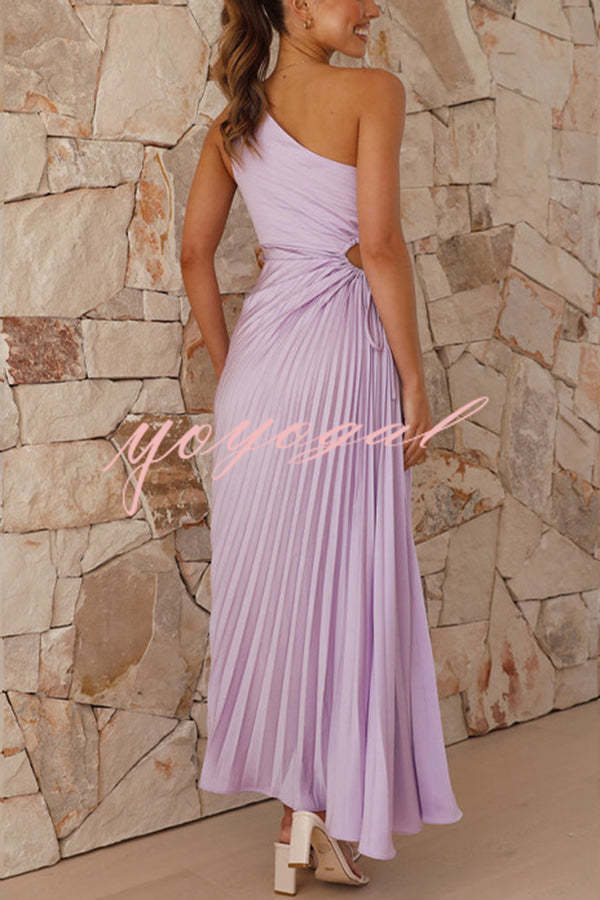 Charming One Shoulder Lace Up Cutout Pleated Maxi Dress