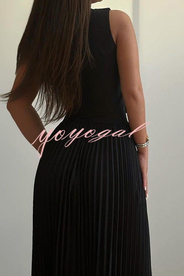 Stylish Rosette Sleeveless Tank Top and Pleated Maxi Skirt Set