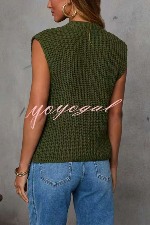 Solid Color Sleeveless Button Pocket Knit Vest