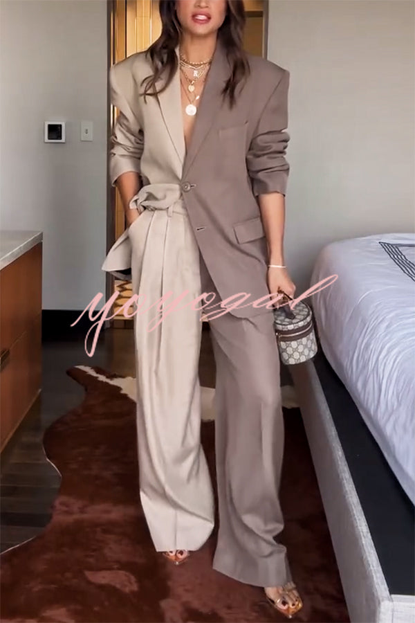 Girl Boss Avant-garde Contrast Colors Lapel Boyfriend Blazer and Pocketed Wide Leg Pants Set