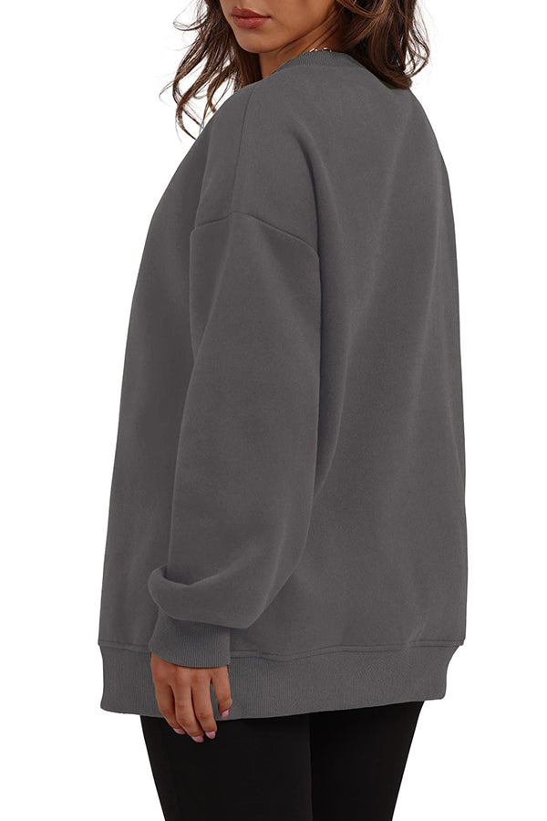 Solid Color Round Neck Pocket Loose Warm Long Sleeve Sweatshirt