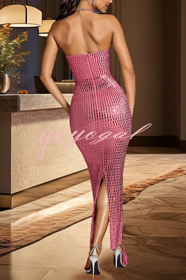 Flash Sculpture Rhinestone Embellished Bandeau Slit Stretch Maxi Dress