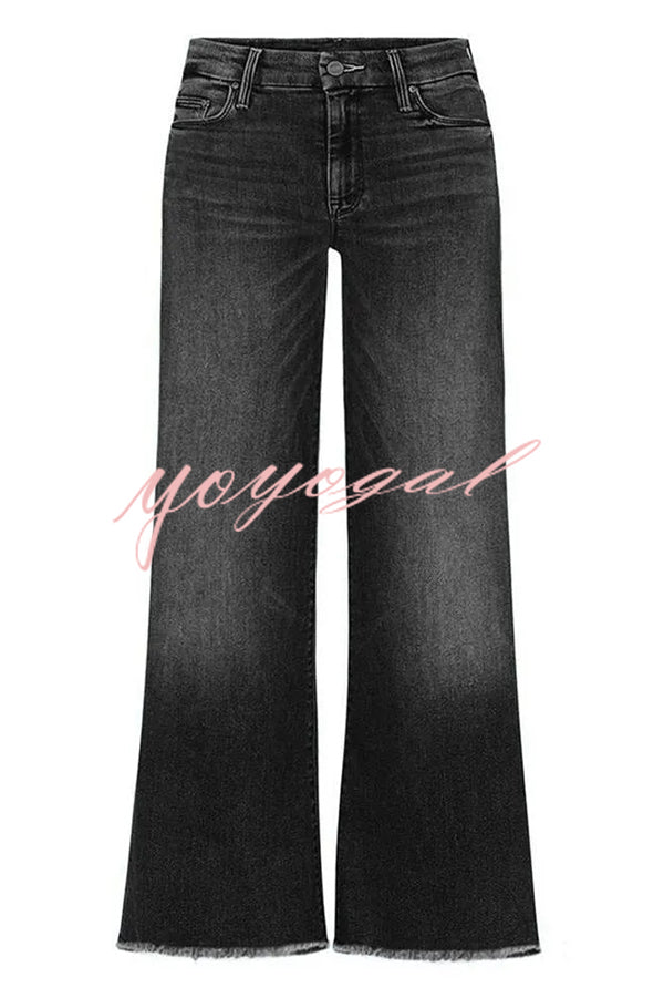 Stylish Raw-edge Mid-rise Pocket Stretch Straight-leg Jeans