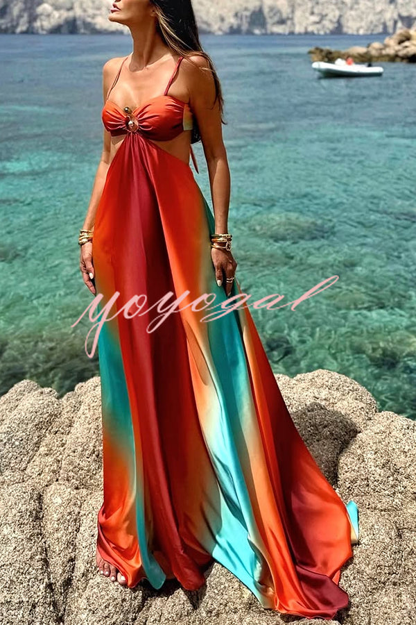 Neon Sunset Printed Metal Decoration Cutout Back Tie-up Vacation Maxi Dress