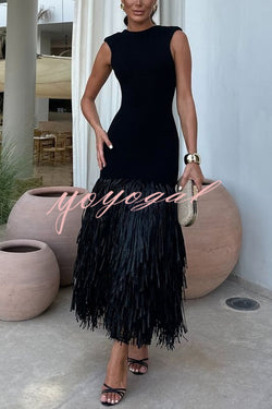 Christie Ribbed Patchwork Tiered Fringed Hem Zipper Backless Maxi Dress