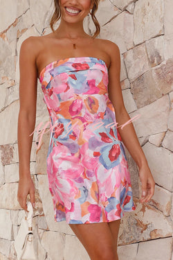 Dreamworld Satin Floral Print Sexy Strapless Backless Mini Dress