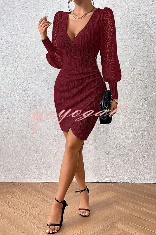 Solid Color V-neck Hollow Lace Long-sleeved Slim Mini Dress