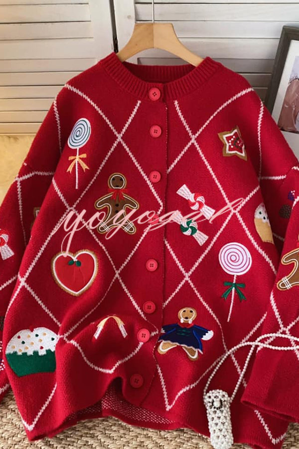 Argyle Candy Gingerbread Man Embroidered Button-knit Cardigan