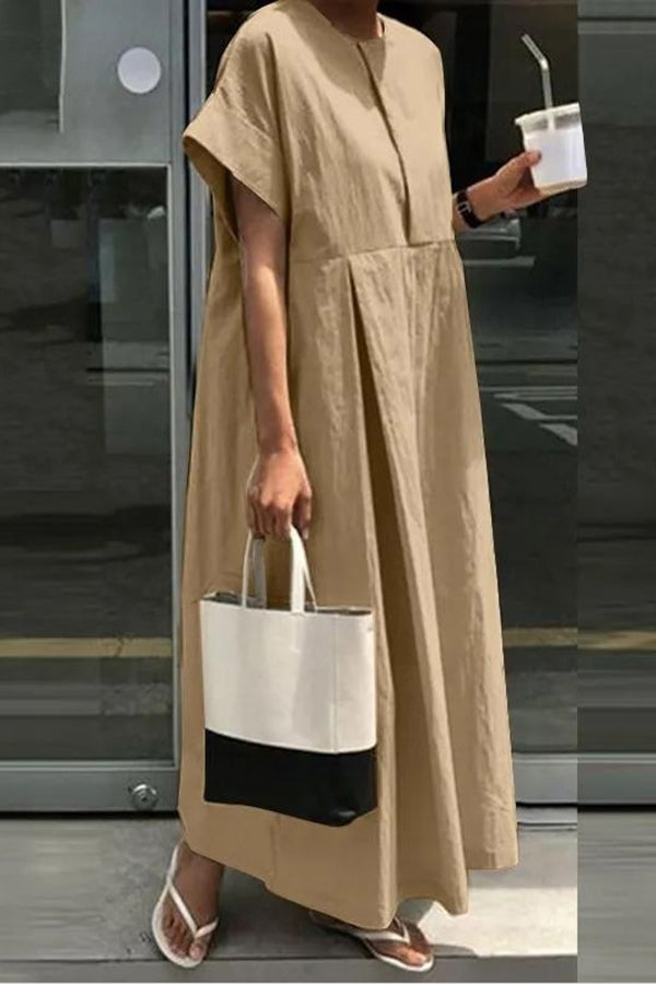 Linen Blend Loose Crew Neck Casual Maxi Dress