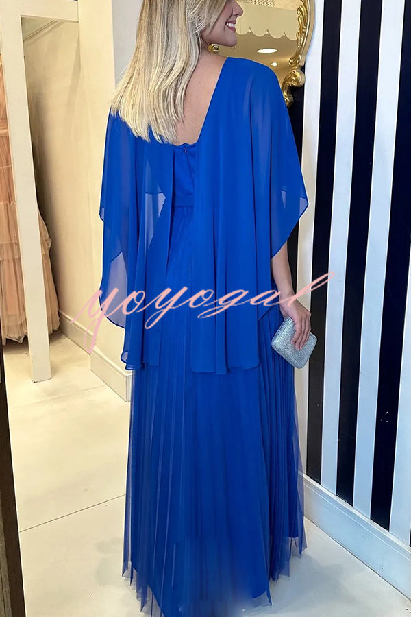 Ready for Holiday Cape Sleeve Tie-up Pleated Maxi Dress