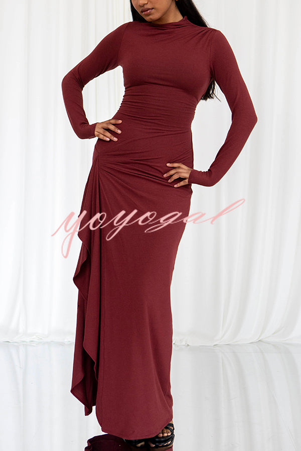 Venus Long Sleeve Ruched Side Slit Drape Ruffles Back Lace-up Stretch Maxi Dress