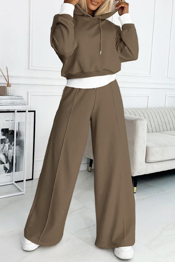 Stylish Patchwork Hooded Sweatshirt and Elastic Waist Tie Pocket Wide Leg Pants Set