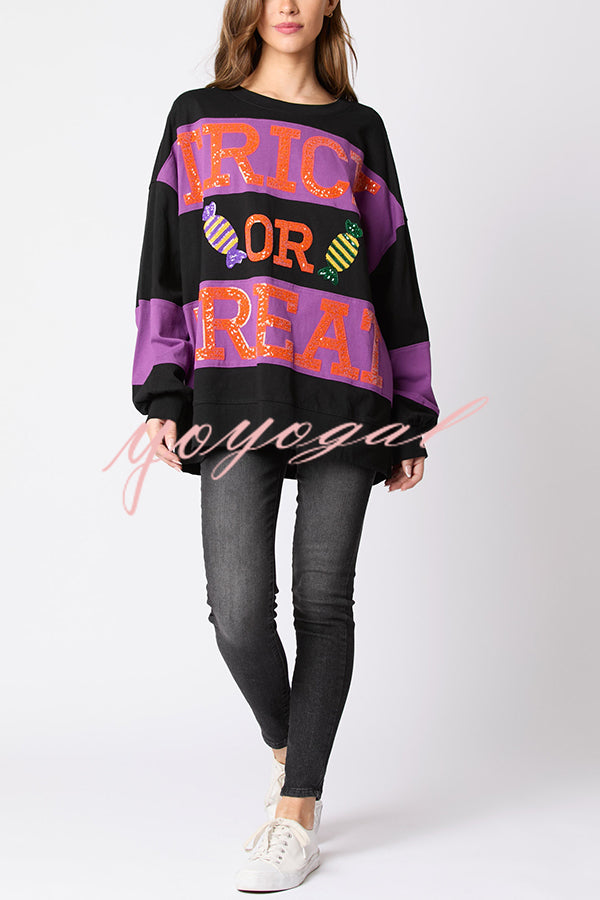 Halloween Letter Sequined Color Block Loose Casual Sweatshirt