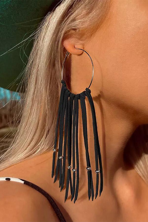 Hand-woven tasseled leather bohemian earrings