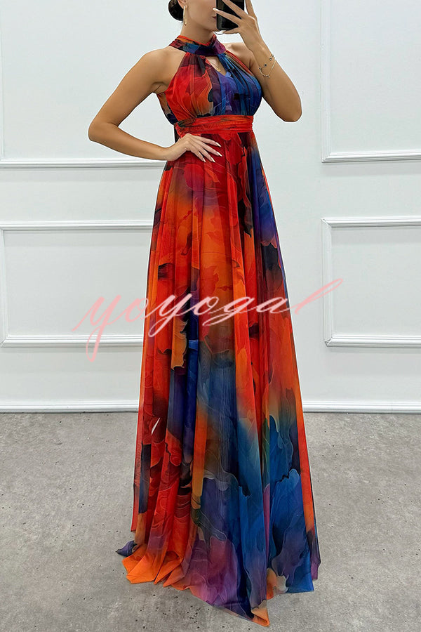 Elaine Tulle Floral Splash Print Cutout Halter Tie-up Neck Gown Maxi Dress