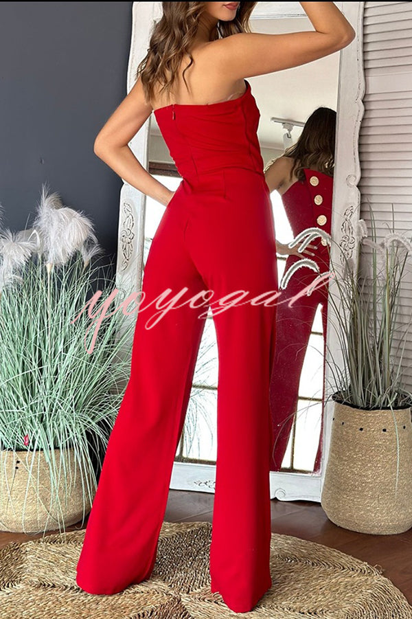 Solid Color Sexy Tube Top Gold Button Embellished Bootcut Jumpsuit