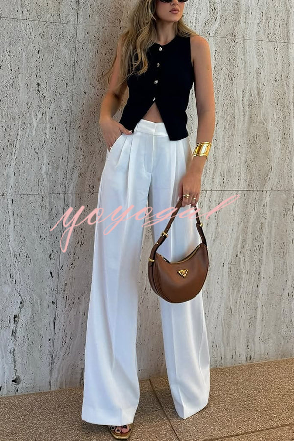 Solid Color Waist Pocket Loose Wide Leg Pants