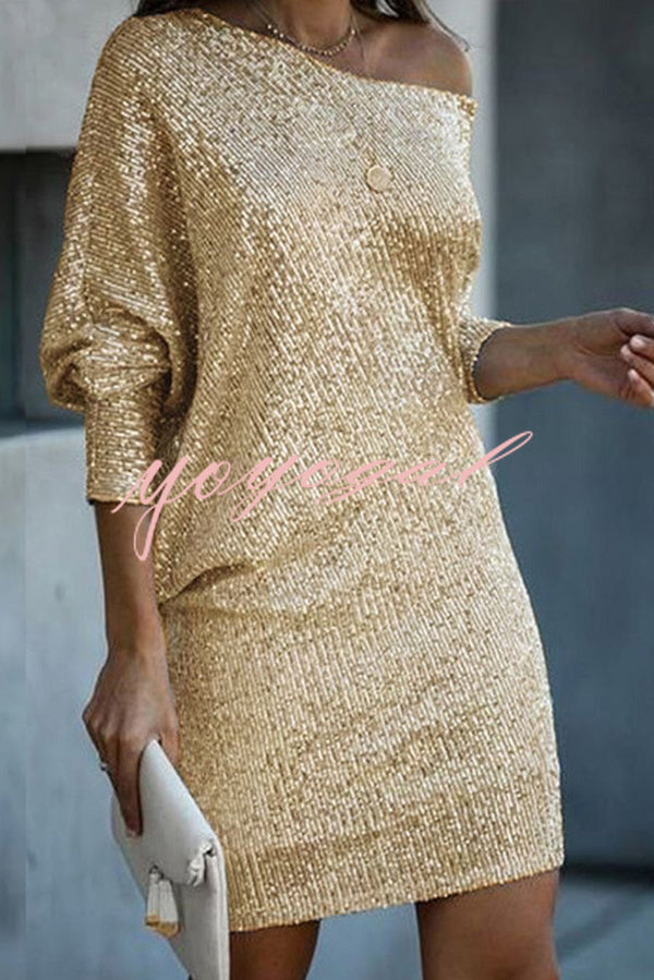 Solid Sequined Off-shoulder Loose Mini Dress