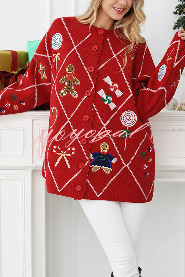 Argyle Candy Gingerbread Man Embroidered Button-knit Cardigan