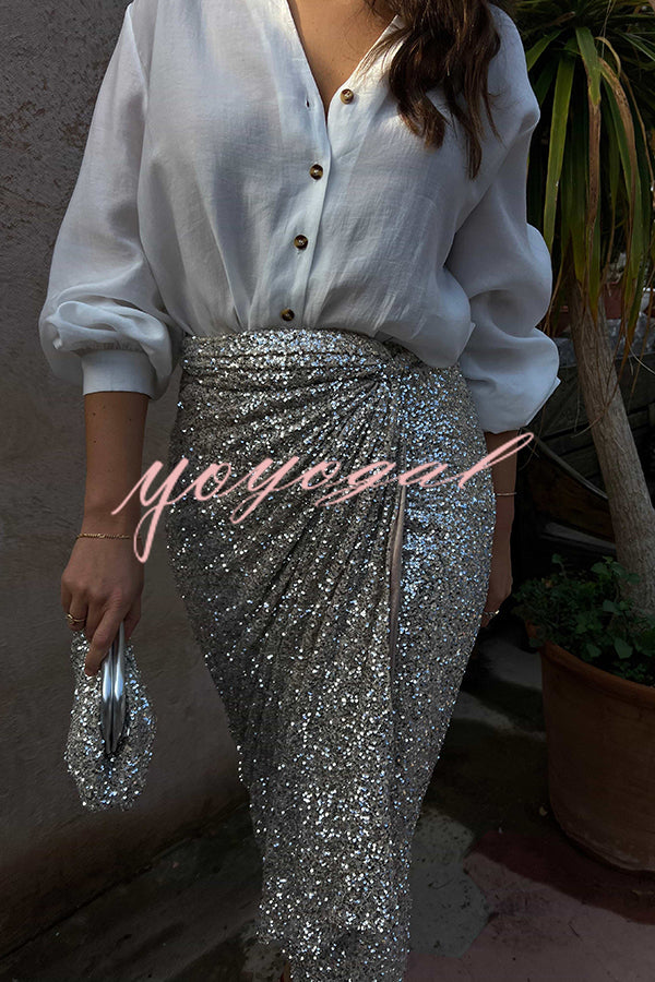 Disco Dancing Queen Sequin Wrap Tie-up Slit Midi Skirt