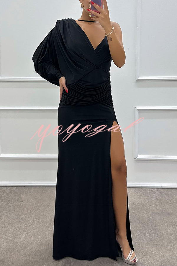 Like Venus One Shoulder Bat Sleeve Ruched Detail Slit Gown Maxi Dress