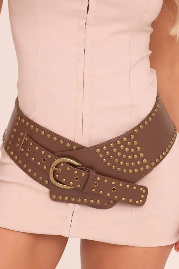 Vintage Faux Leather Rivet Pin Buckle Wide Belt