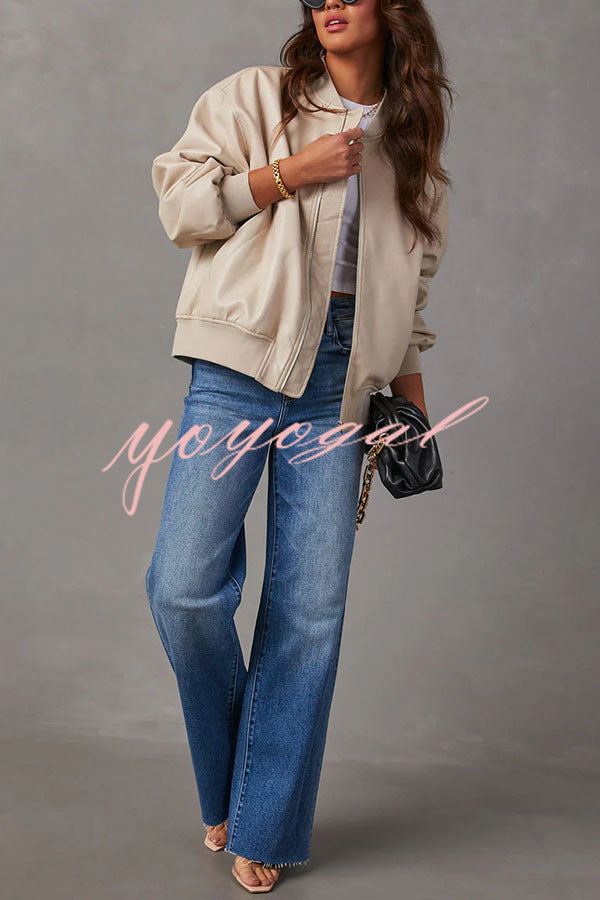 Solid Color Long Sleeve Loose Pocket Leather Jacket