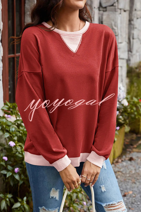 Fashionable Contrasting Color Loose Long-sleeved Casual Sweatshirt