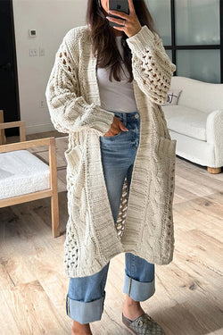 Jamila Knit Cable Cotout Long Sleeve Pocket Oversized Midi Cardigan