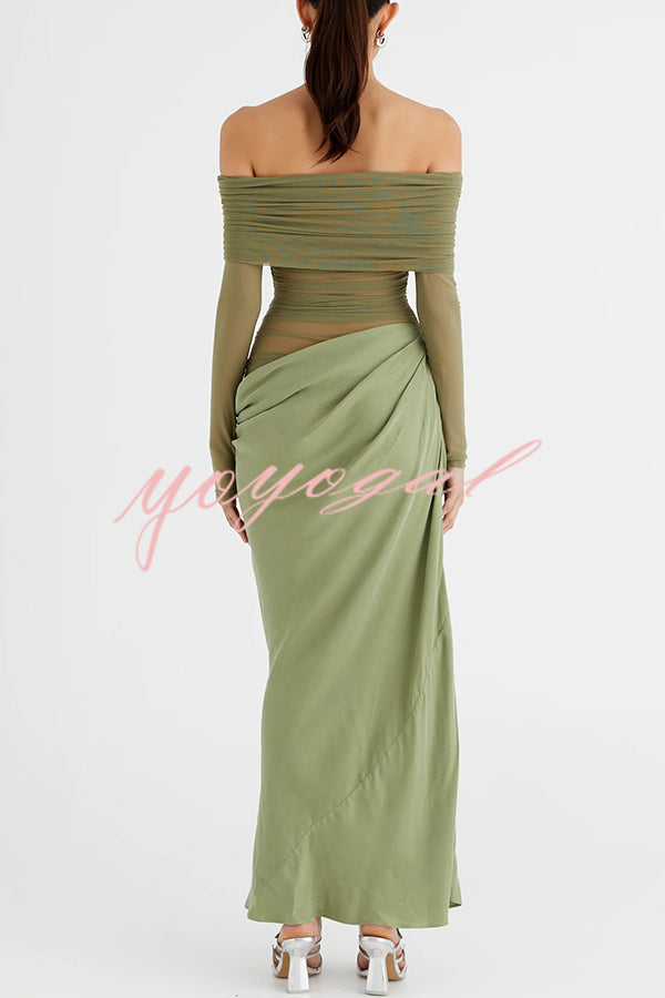 Exquisite Sexy Mesh Patchwork Off Shoulder Cutout Ruched Maxi Dress