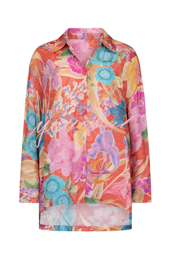 Painter's Garden Boho Floral Print Button Long Sleeve Relaxed Blouse