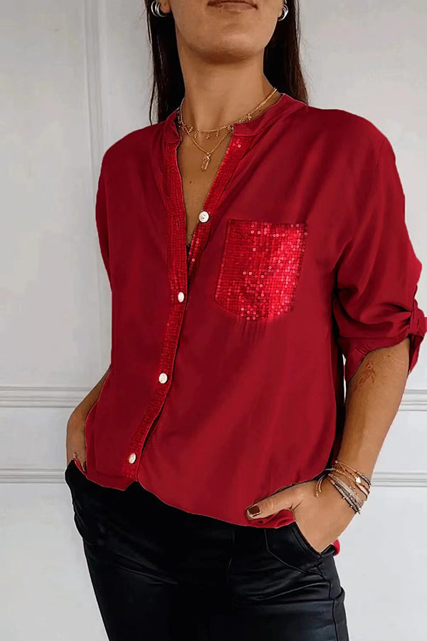 Solid Color Casual Loose Sequin Pocket Shirt Top