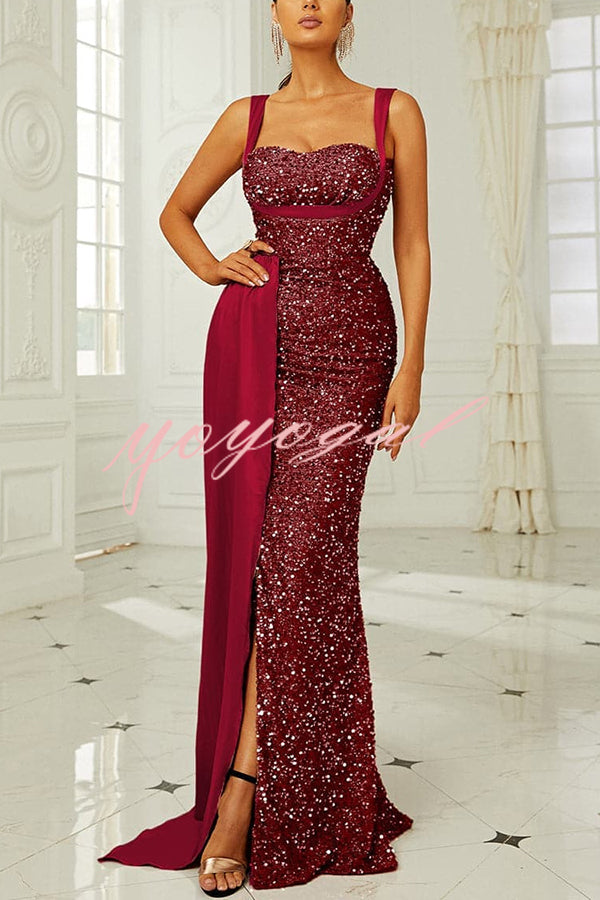 Banquet Sequined Backless Strappy Fishtail Maxi Dress