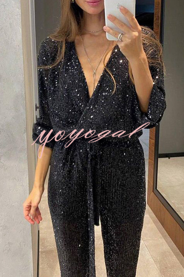 Cheers To You Sequin Long Sleeve Belted Wrap Loose Jumpsuit