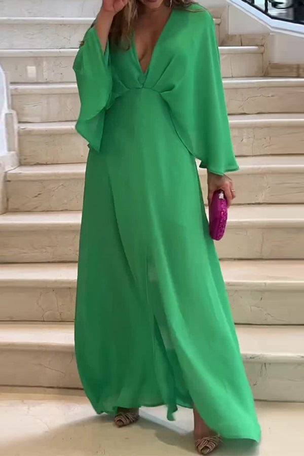 Solid Color V Neck High Waist Slit Casual Maxi Dress