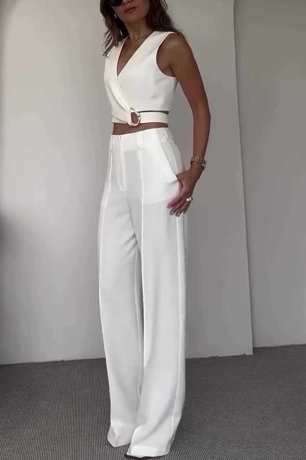 Crossover Slim Fit Sleeveless Vest and High Waisted Wide Leg Pants Set