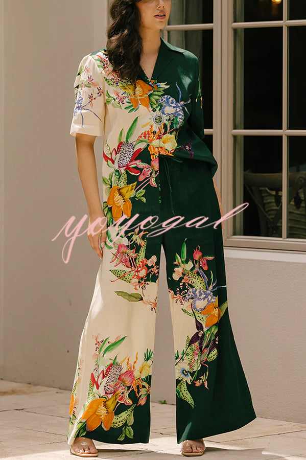 Island Linen Blend Unique Print Short Sleeve Loose Shirt and Elastic Waist Pocket Pants Set