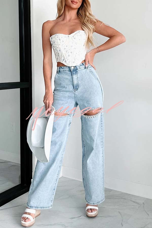 Blowing Your Mind Slit-Front Wide Leg Pocket Rhinestone Jeans