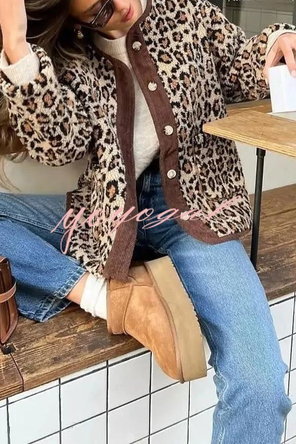 Warm Feel Colorblock Leopard Print Plush Button Up Pocketed Teddy Jacket